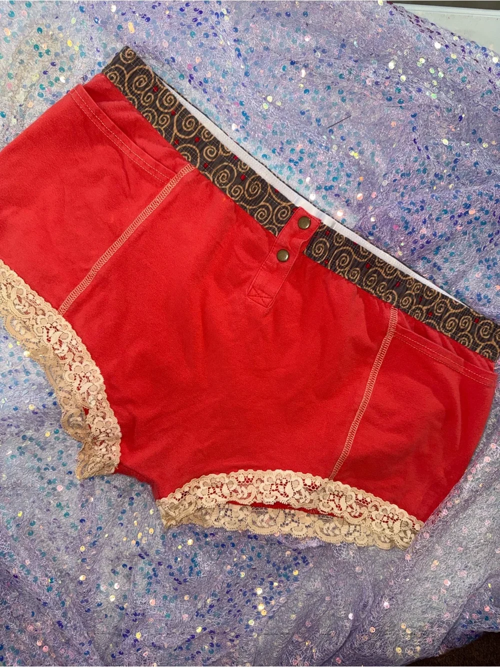 2313-Red Lace-Trim Cotton Boyshort Panty with Decorative Waistband